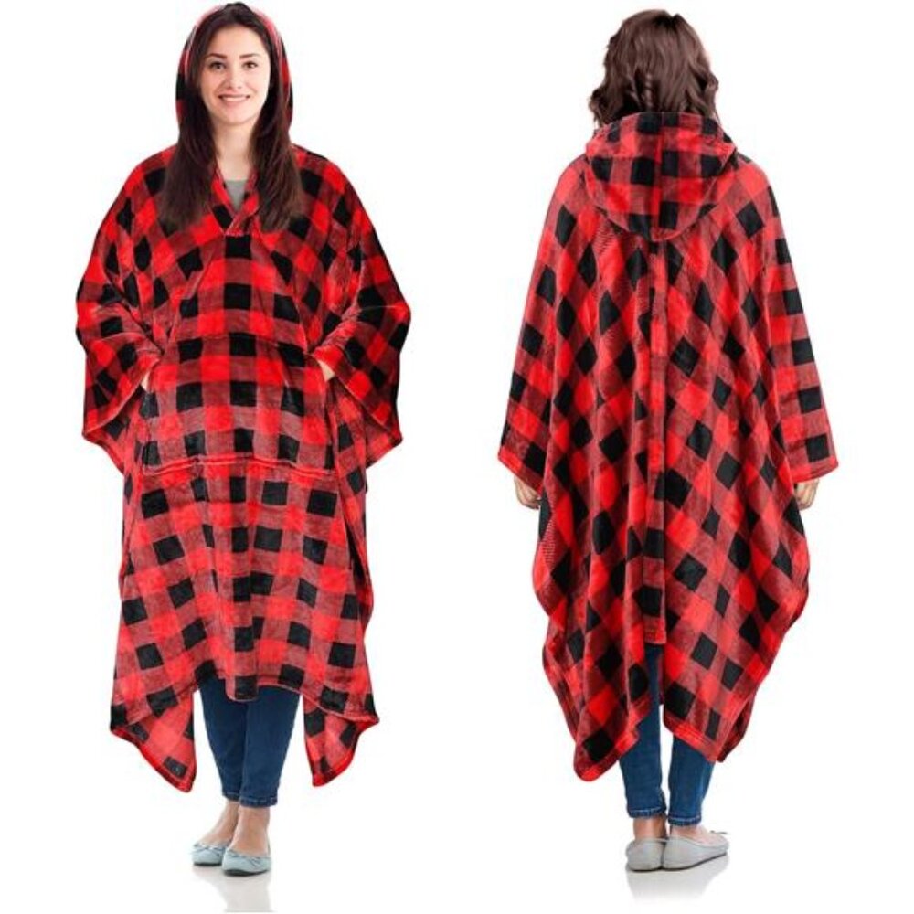 Hooded Wearable Blanket Poncho Fleece Cape Soft Cozy Warm Throw Blanket Adults